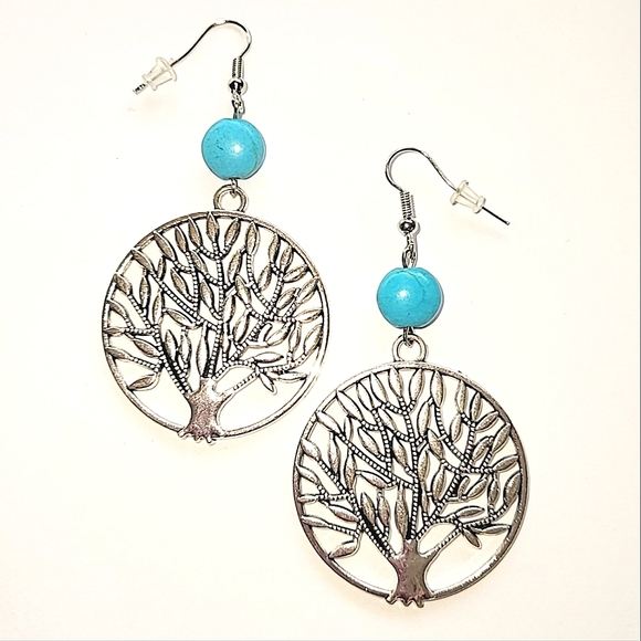 TREE OF LIFE EARRINGS - FAUX TURQUOISE SILVERTONE - Picture 4 of 4